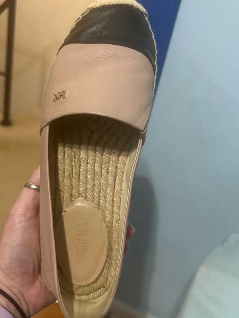 Michael Kors Pink and Black Leather Espadrille Flats with Gold MK Accent